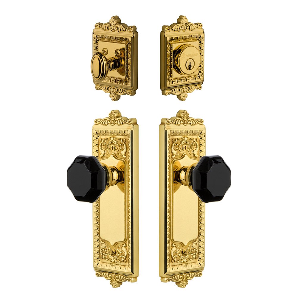 Grandeur Windsor Plate with Lyon Knob and matching Deadbolt in Lifetime Brass
