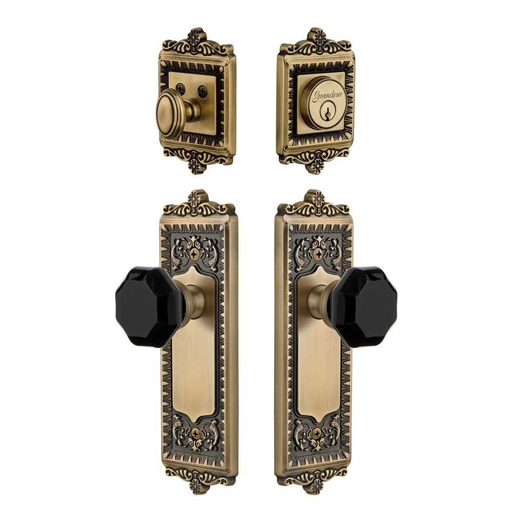Grandeur Windsor Plate with Lyon Knob and matching Deadbolt in Vintage Brass
