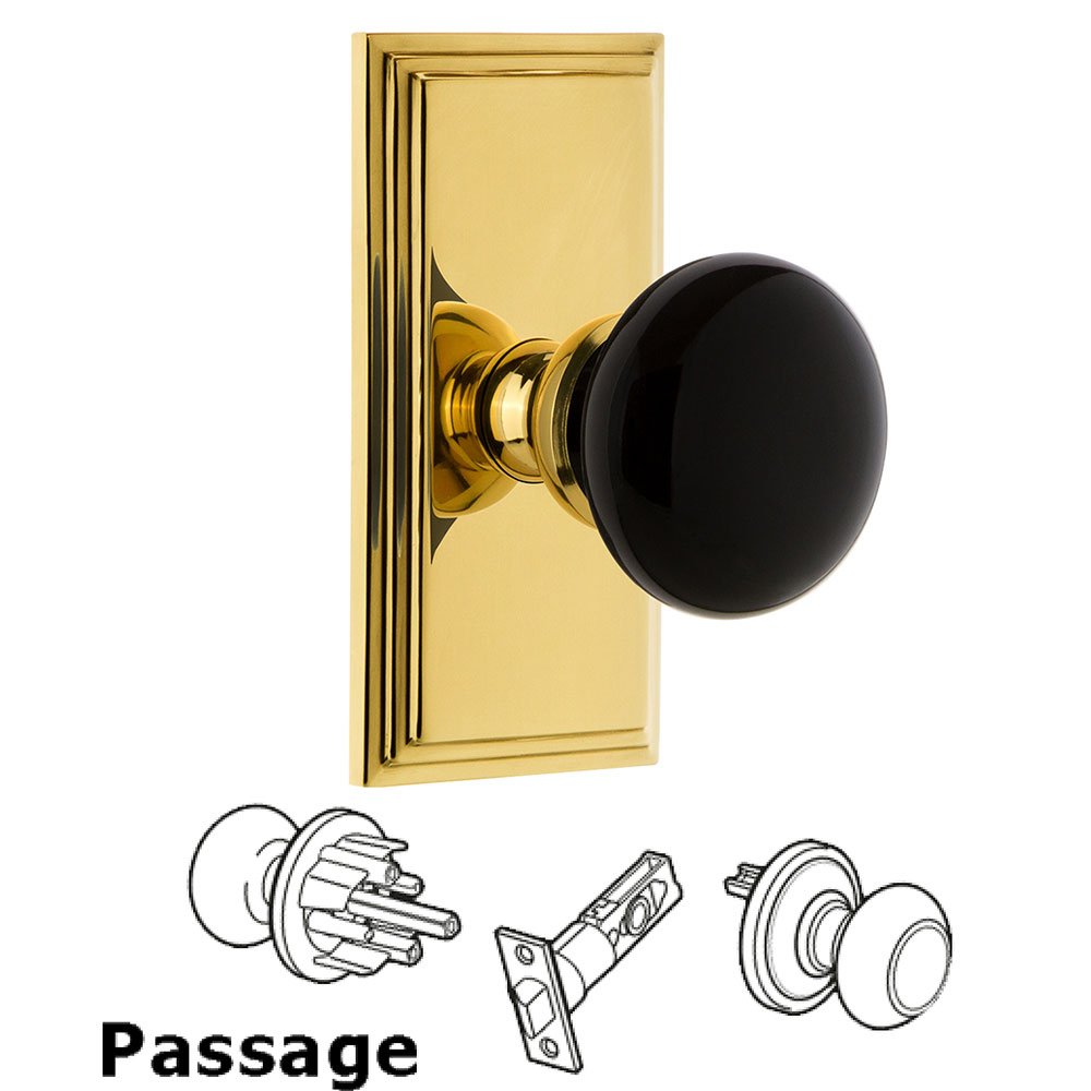 Grandeur Passage - Carre Rosette with Black Coventry Porcelain Knob in Polished Brass