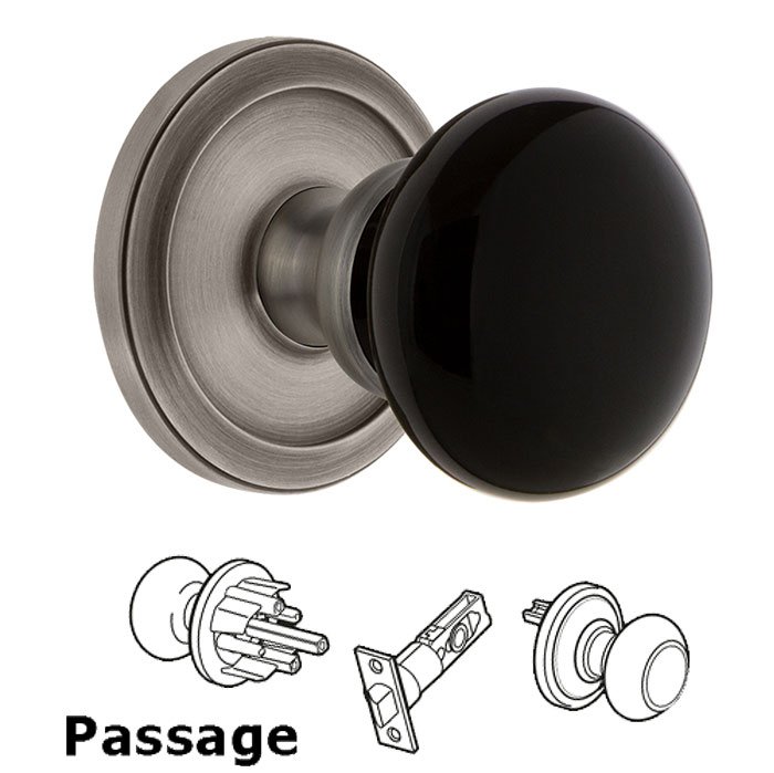 Grandeur Passage - Circulaire Rosette with Black Coventry Porcelain Knob in Antique Pewter
