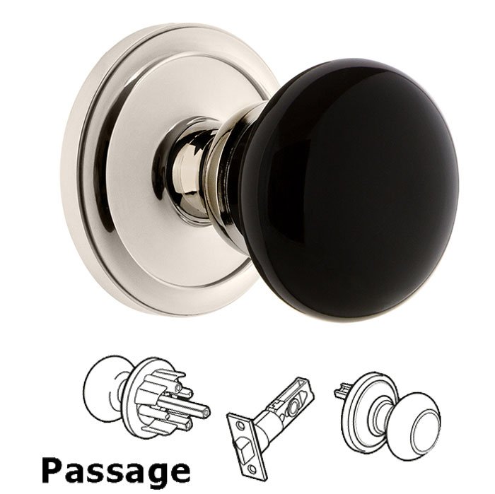 Grandeur Passage - Circulaire Rosette with Black Coventry Porcelain Knob in Polished Nickel