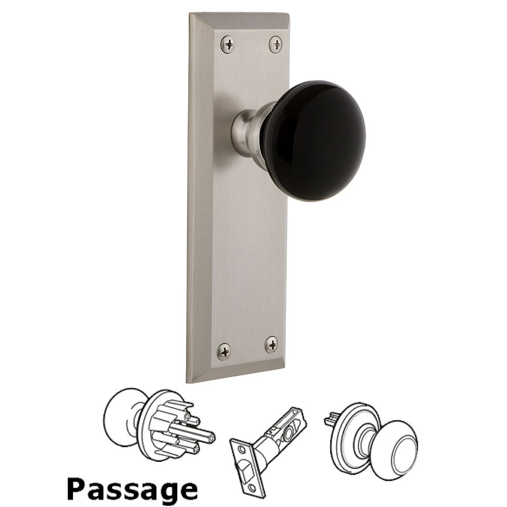 Grandeur Passage - Fifth Avenue Rosette with Black Coventry Porcelain Knob in Satin Nickel