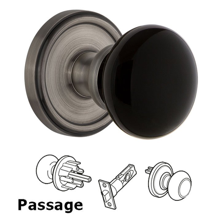 Grandeur Passage - Georgetown Rosette with Black Coventry Porcelain Knob in Antique Pewter