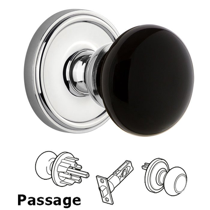 Grandeur Passage - Georgetown Rosette with Black Coventry Porcelain Knob in Bright Chrome