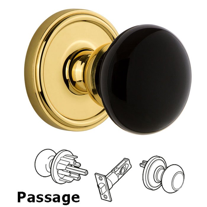 Grandeur Passage - Georgetown Rosette with Black Coventry Porcelain Knob in Lifetime Brass