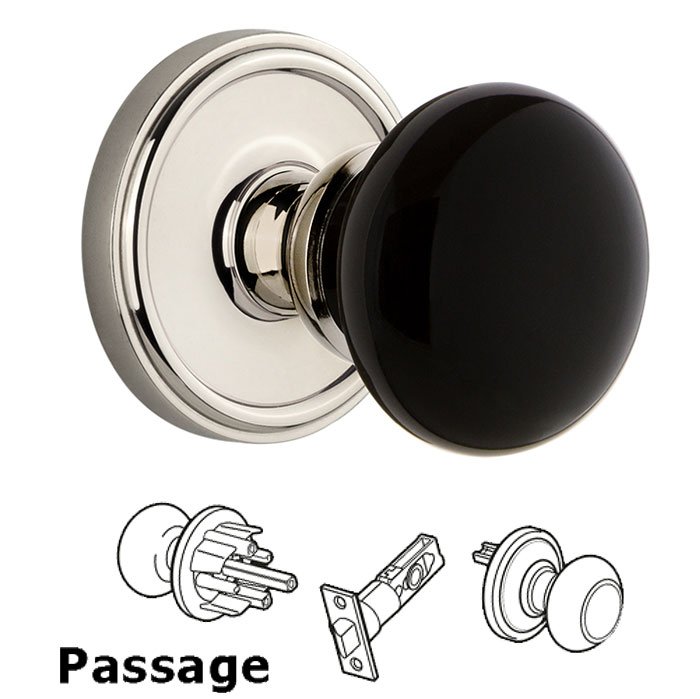 Grandeur Passage - Georgetown Rosette with Black Coventry Porcelain Knob in Polished Nickel
