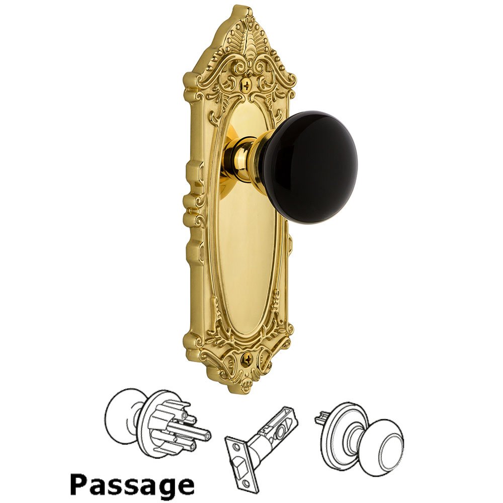 Grandeur Passage - Grande Victorian Rosette with Black Coventry Porcelain Knob in Polished Brass
