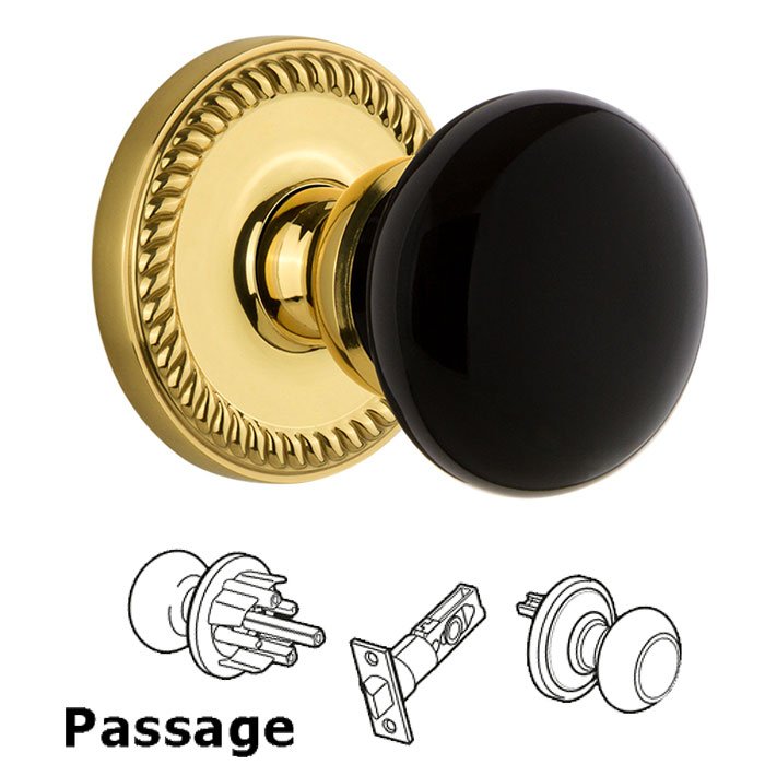 Grandeur Passage - Newport Rosette with Black Coventry Porcelain Knob in Polished Brass