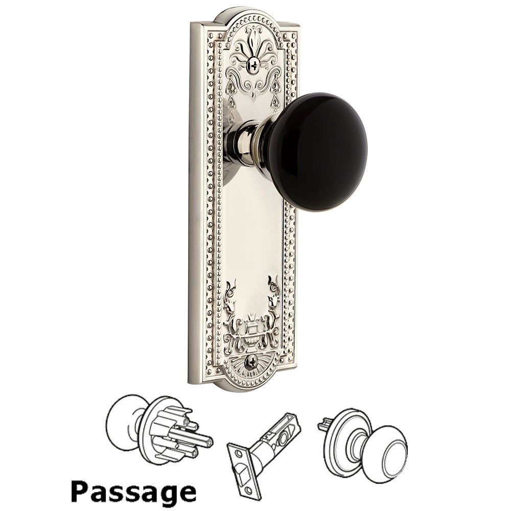 Grandeur Passage - Parthenon Rosette with Black Coventry Porcelain Knob in Polished Nickel