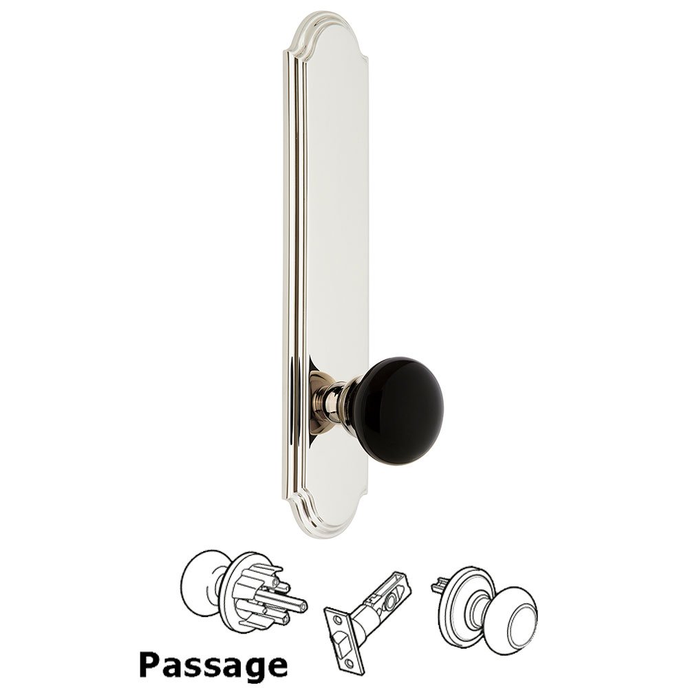 Grandeur Passage - Arc Rosette with Black Coventry Porcelain Knob in Polished Nickel