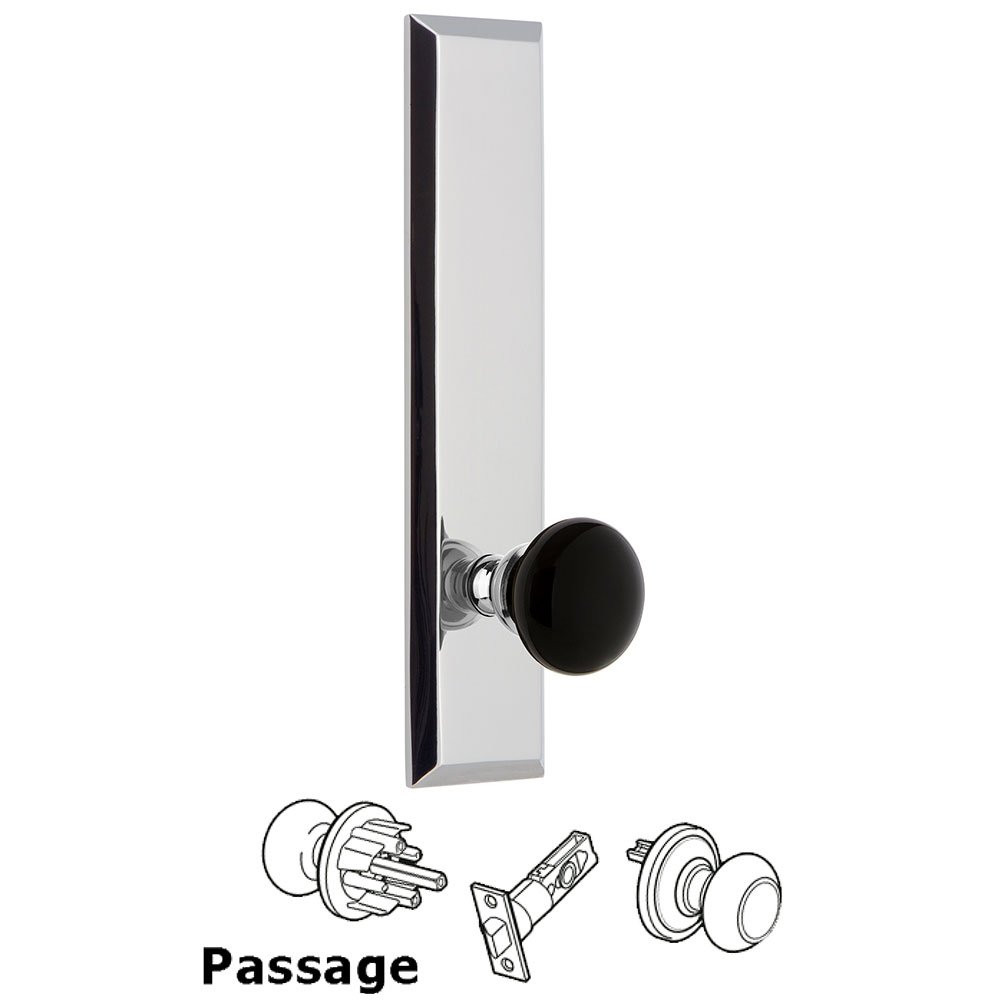 Grandeur Passage Fifth Avenue Tall with Black Coventry Porcelain Knob in Bright Chrome
