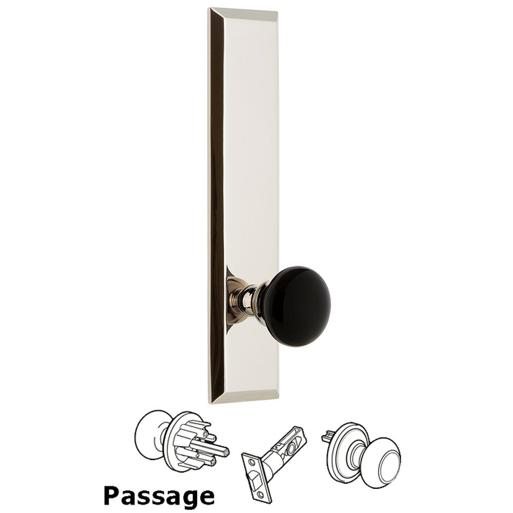 Grandeur Passage Fifth Avenue Tall with Black Coventry Porcelain Knob in Polished Nickel