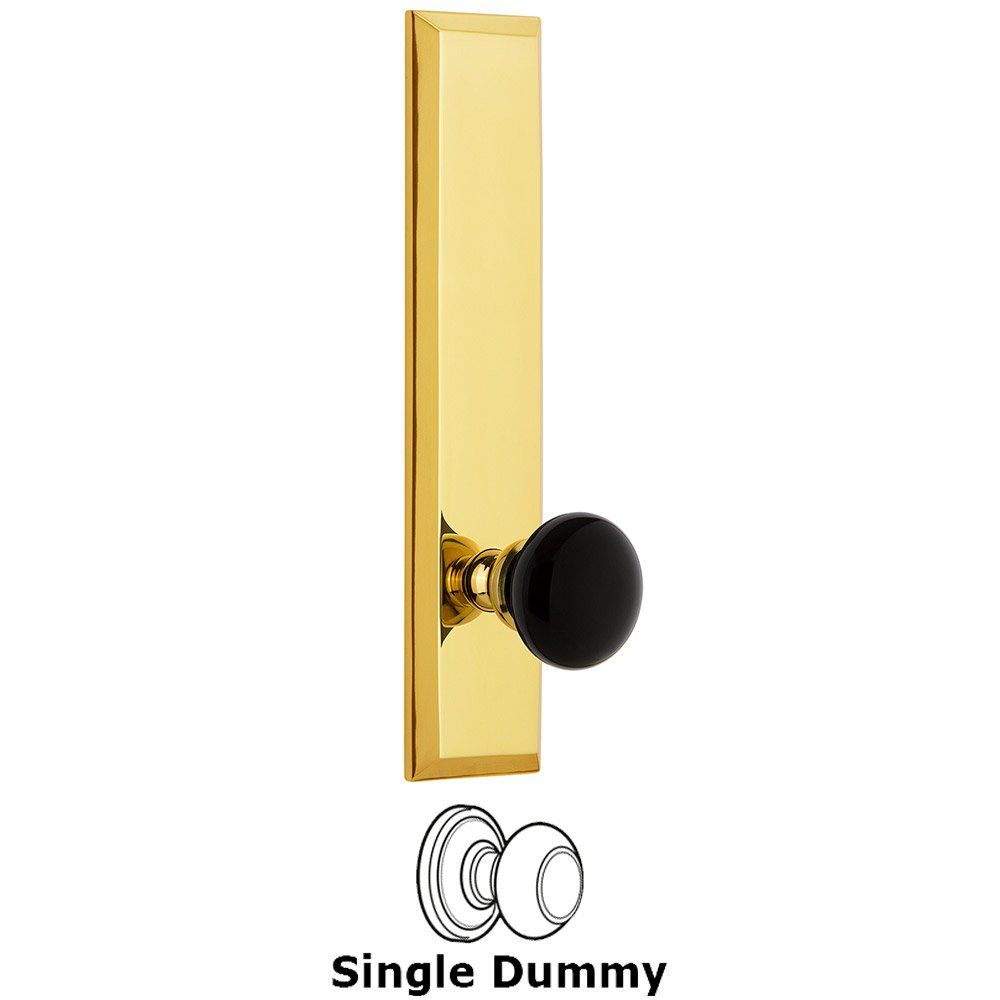 Grandeur Single Dummy Fifth Avenue Tall Plate with Black Coventry Porcelain Knob in Polished Brass
