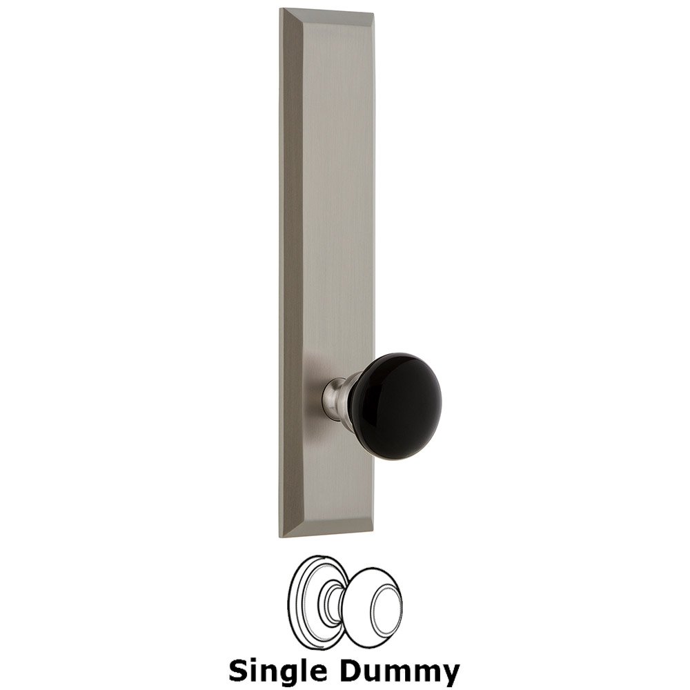 Grandeur Single Dummy Fifth Avenue Tall Plate with Black Coventry Porcelain Knob in Satin Nickel