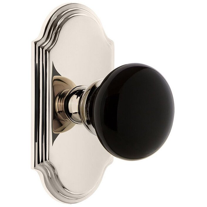 Grandeur Single Dummy - Arc Rosette with Black Coventry Porcelain Knob in Polished Nickel