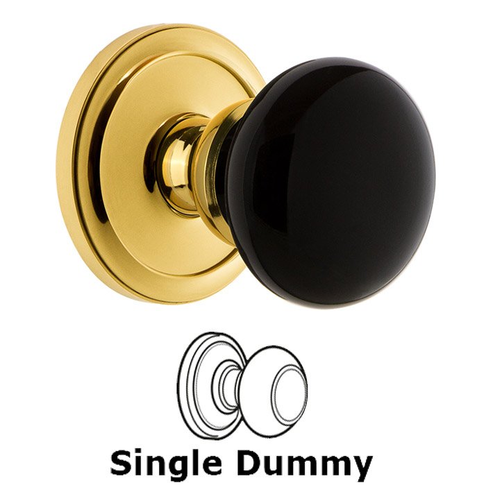 Grandeur Single Dummy - Circulaire Rosette with Black Coventry Porcelain Knob in Polished Brass