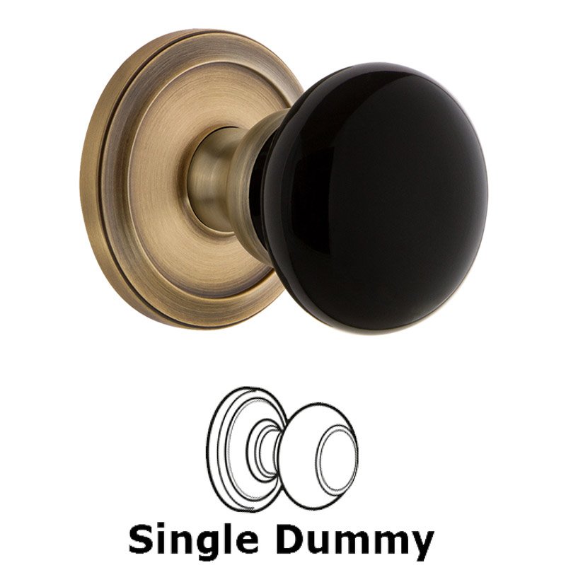Grandeur Single Dummy - Circulaire Rosette with Black Coventry Porcelain Knob in Vintage Brass