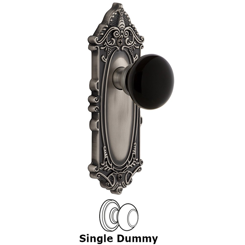 Grandeur Single Dummy - Grande Victorian Rosette with Black Coventry Porcelain Knob in Antique Pewter