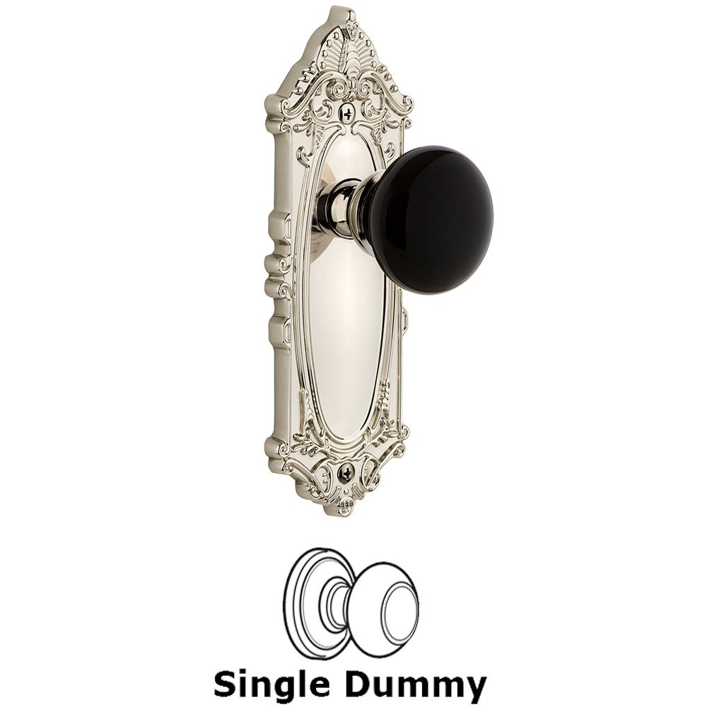 Grandeur Single Dummy - Grande Victorian Rosette with Black Coventry Porcelain Knob in Polished Nickel
