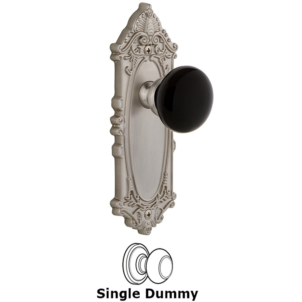 Grandeur Single Dummy - Grande Victorian Rosette with Black Coventry Porcelain Knob in Satin Nickel