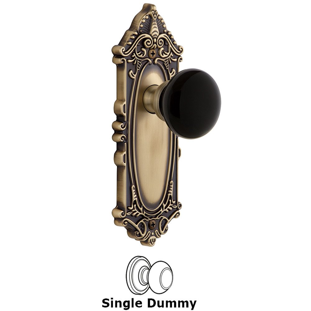 Grandeur Single Dummy - Grande Victorian Rosette with Black Coventry Porcelain Knob in Vintage Brass