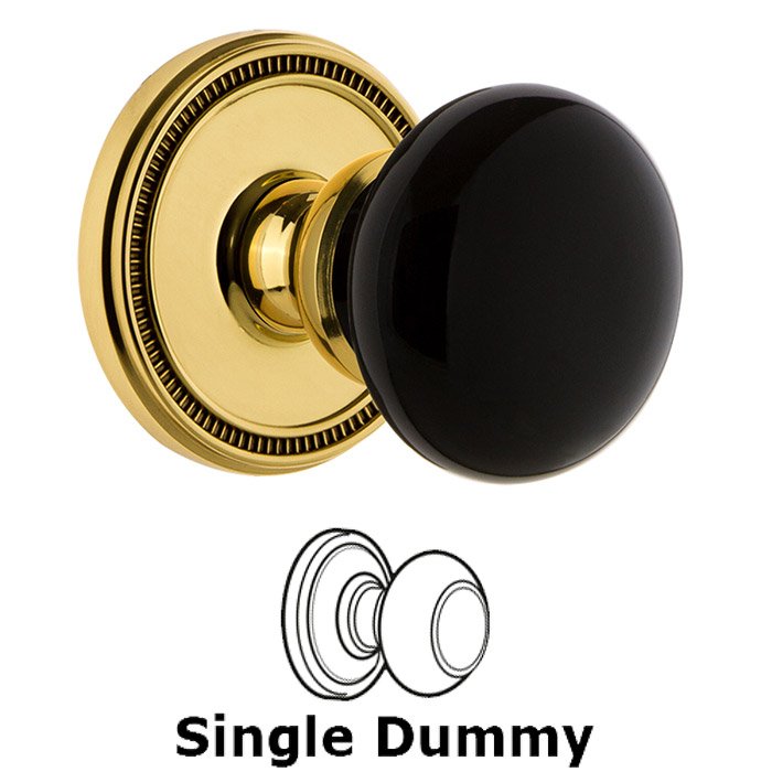 Grandeur Single Dummy - Soleil Rosette with Black Coventry Porcelain Knob in Polished Brass