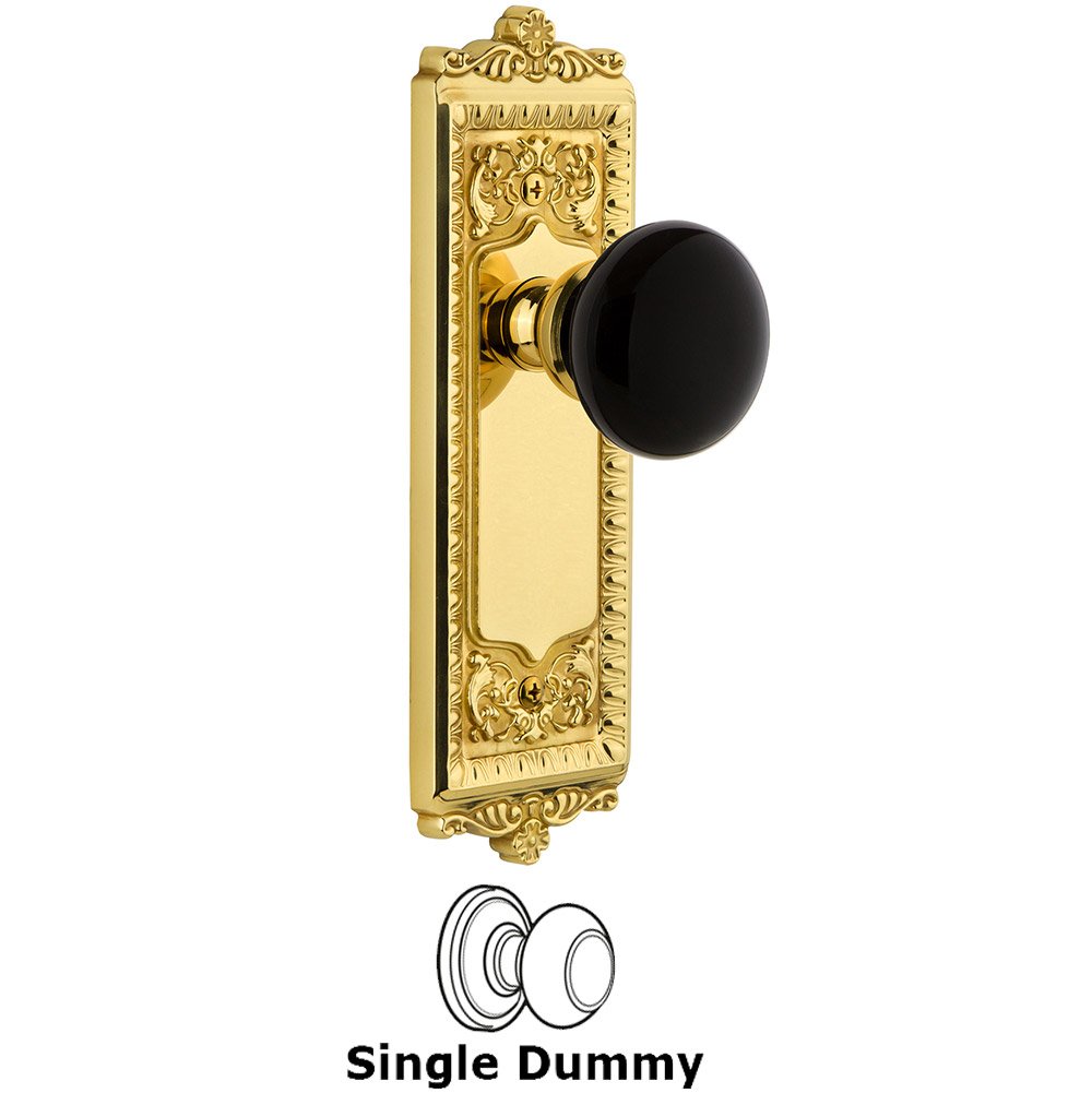 Grandeur Single Dummy - Windsor Rosette with Black Coventry Porcelain Knob in Polished Brass