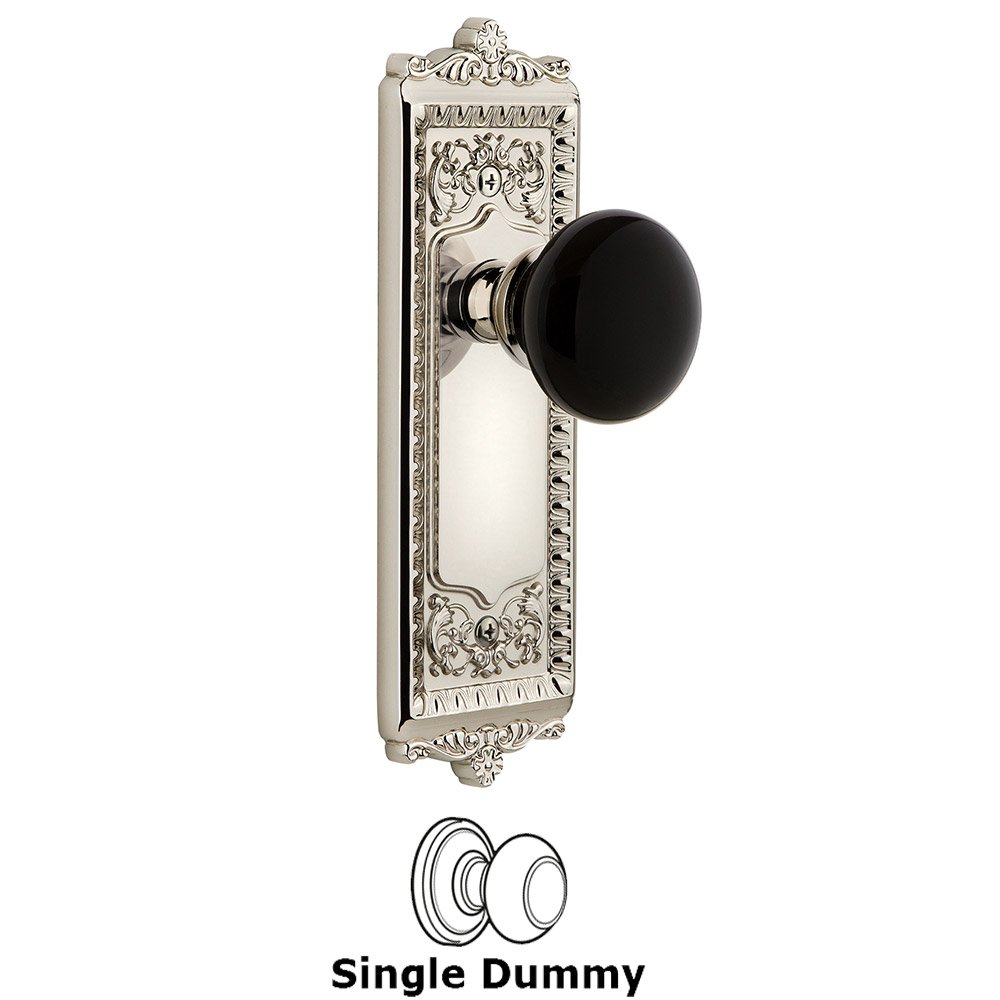 Grandeur Single Dummy - Windsor Rosette with Black Coventry Porcelain Knob in Polished Nickel