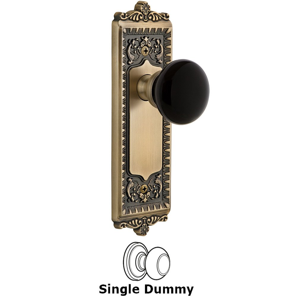 Grandeur Single Dummy - Windsor Rosette with Black Coventry Porcelain Knob in Vintage Brass