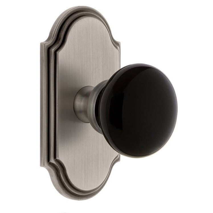 Grandeur Double Dummy - Arc Rosette with Black Coventry Porcelain Knob in Antique Pewter