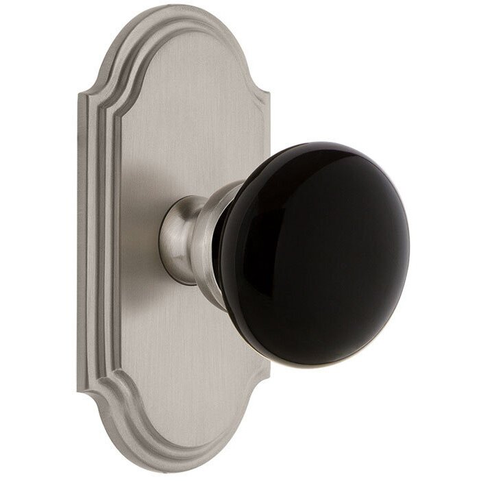 Grandeur Double Dummy - Arc Rosette with Black Coventry Porcelain Knob in Satin Nickel