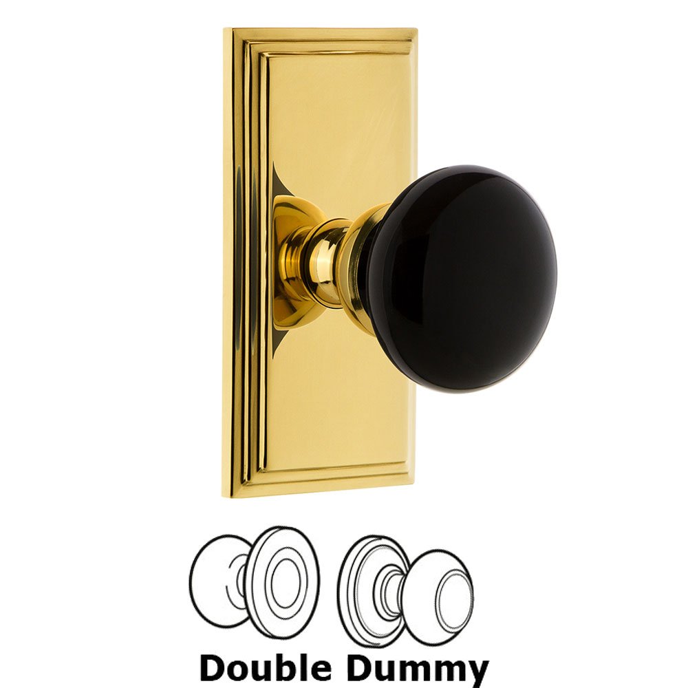 Grandeur Double Dummy - Carre Rosette with Black Coventry Porcelain Knob in Polished Brass
