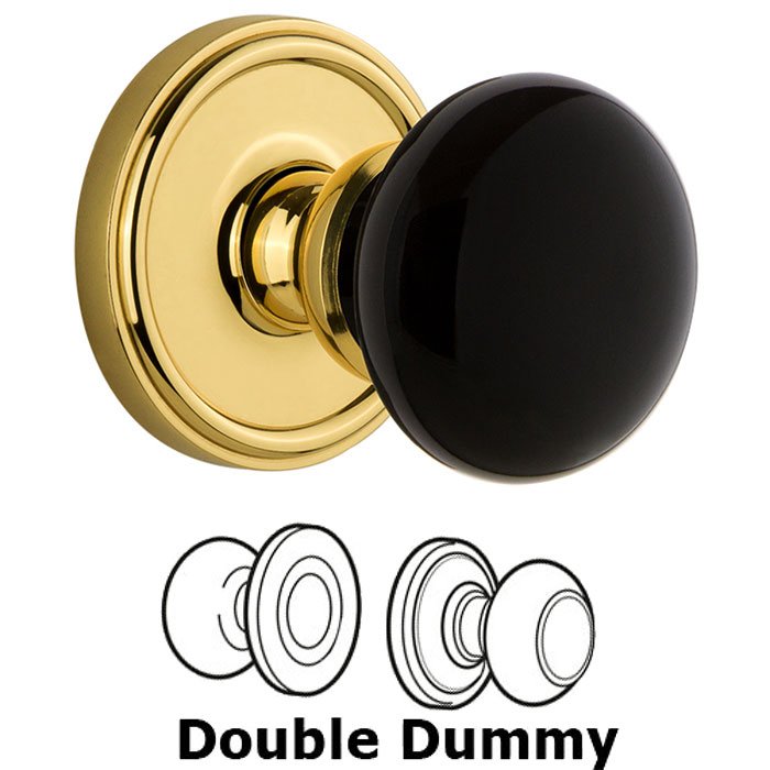 Grandeur Double Dummy - Georgetown Rosette with Black Coventry Porcelain Knob in Polished Brass