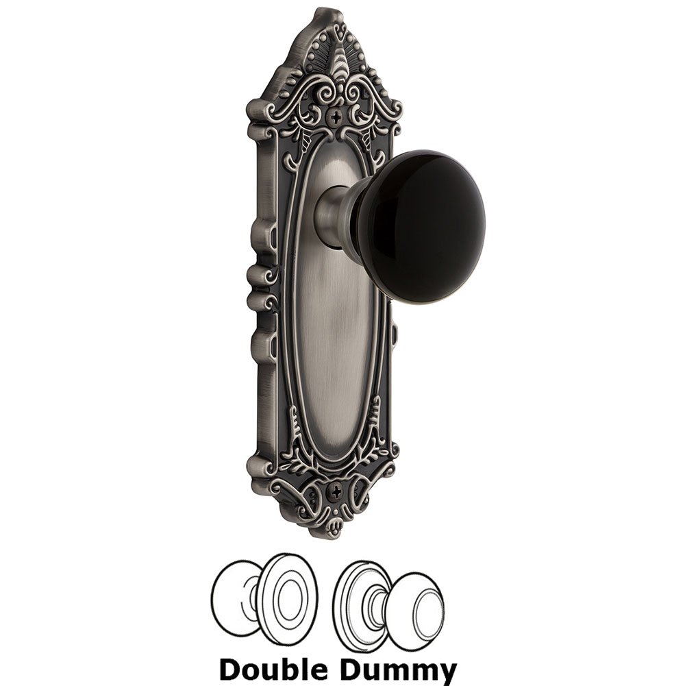 Grandeur Double Dummy - Grande Victorian Rosette with Black Coventry Porcelain Knob in Antique Pewter