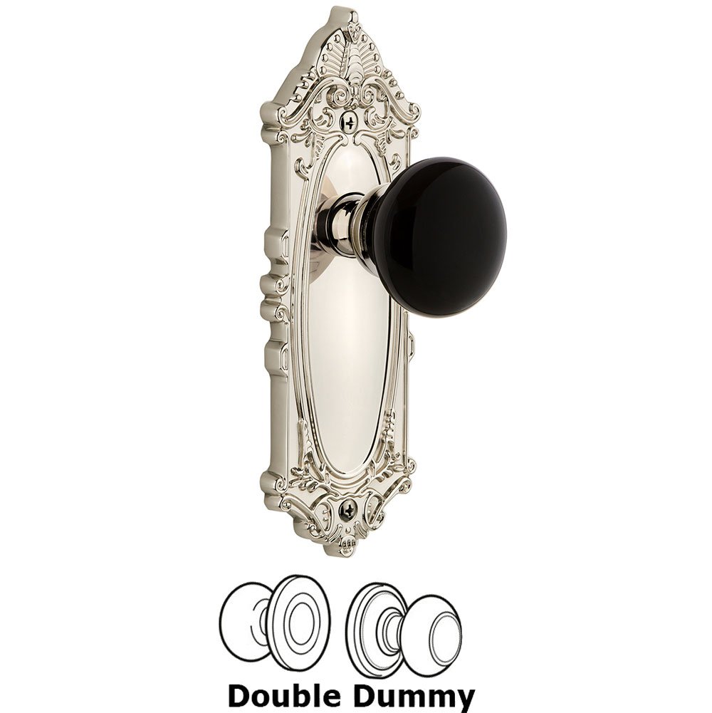 Grandeur Double Dummy - Grande Victorian Rosette with Black Coventry Porcelain Knob in Polished Nickel