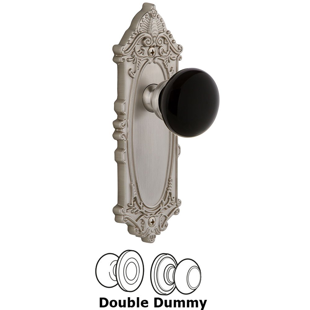 Grandeur Double Dummy - Grande Victorian Rosette with Black Coventry Porcelain Knob in Satin Nickel