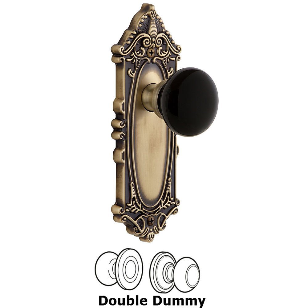 Grandeur Double Dummy - Grande Victorian Rosette with Black Coventry Porcelain Knob in Vintage Brass
