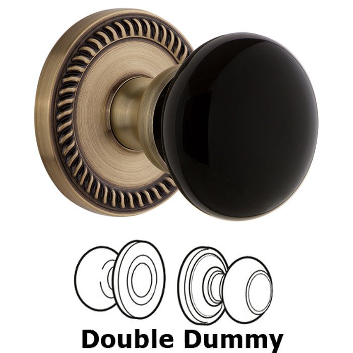Grandeur Double Dummy - Newport Rosette with Black Coventry Porcelain Knob in Vintage Brass