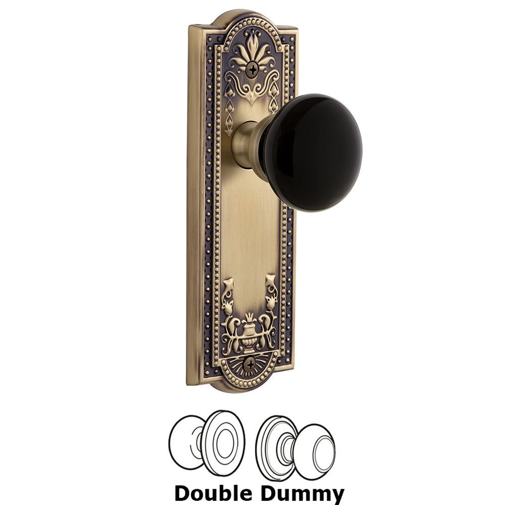 Grandeur Double Dummy - Parthenon Rosette with Black Coventry Porcelain Knob in Vintage Brass