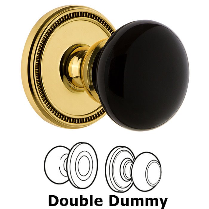 Grandeur Double Dummy - Soleil Rosette with Black Coventry Porcelain Knob in Polished Brass