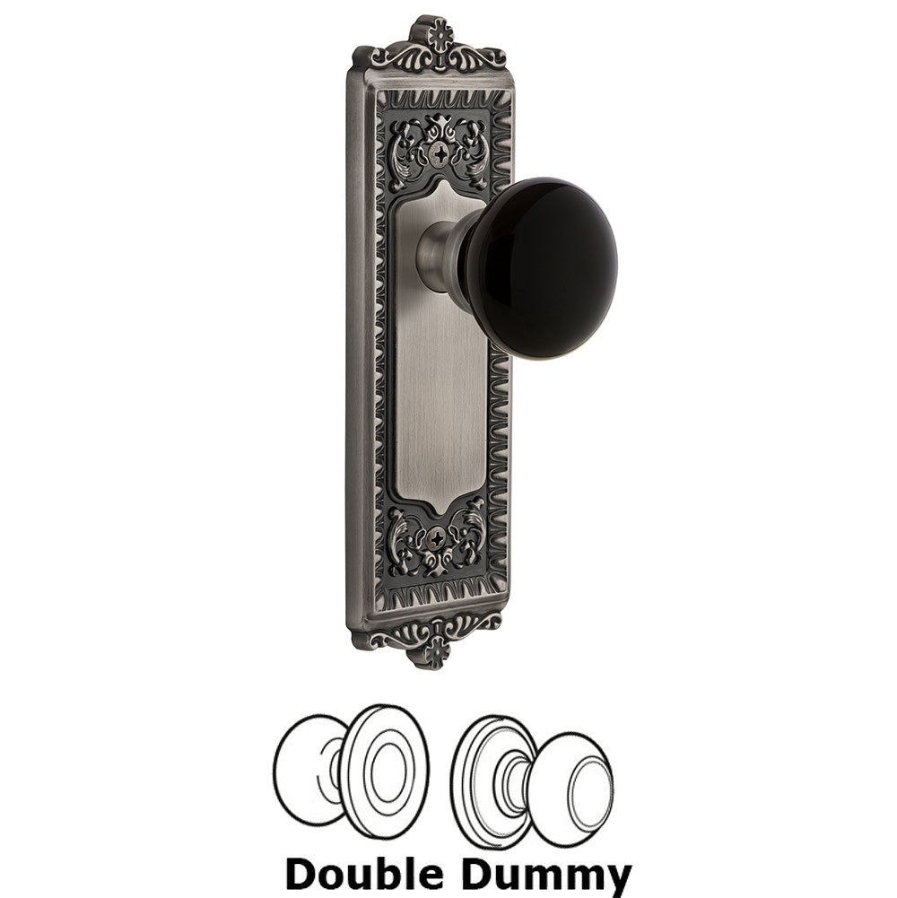 Grandeur Double Dummy - Windsor Rosette with Black Coventry Porcelain Knob in Antique Pewter