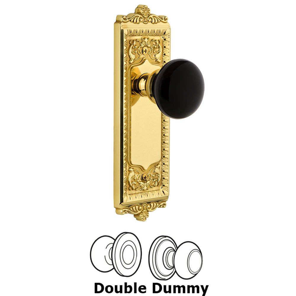 Grandeur Double Dummy - Windsor Rosette with Black Coventry Porcelain Knob in Polished Brass