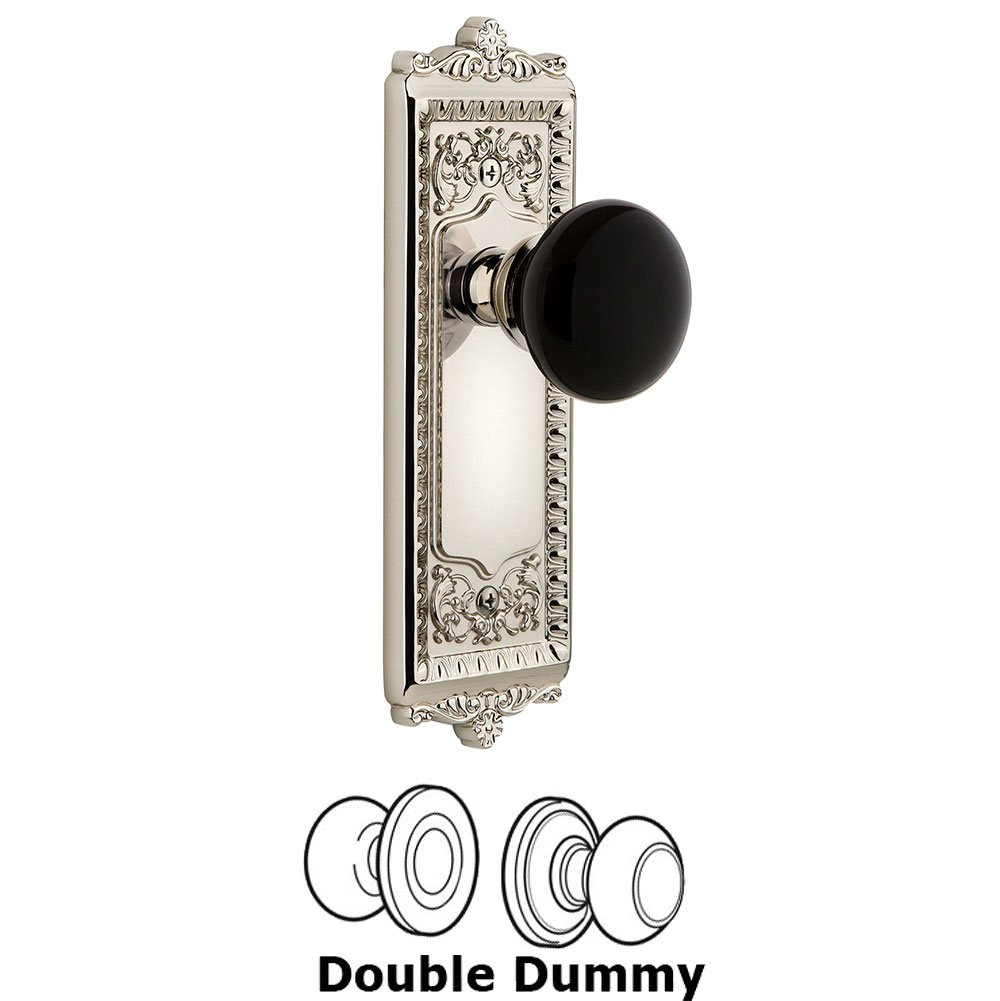 Grandeur Double Dummy - Windsor Rosette with Black Coventry Porcelain Knob in Polished Nickel