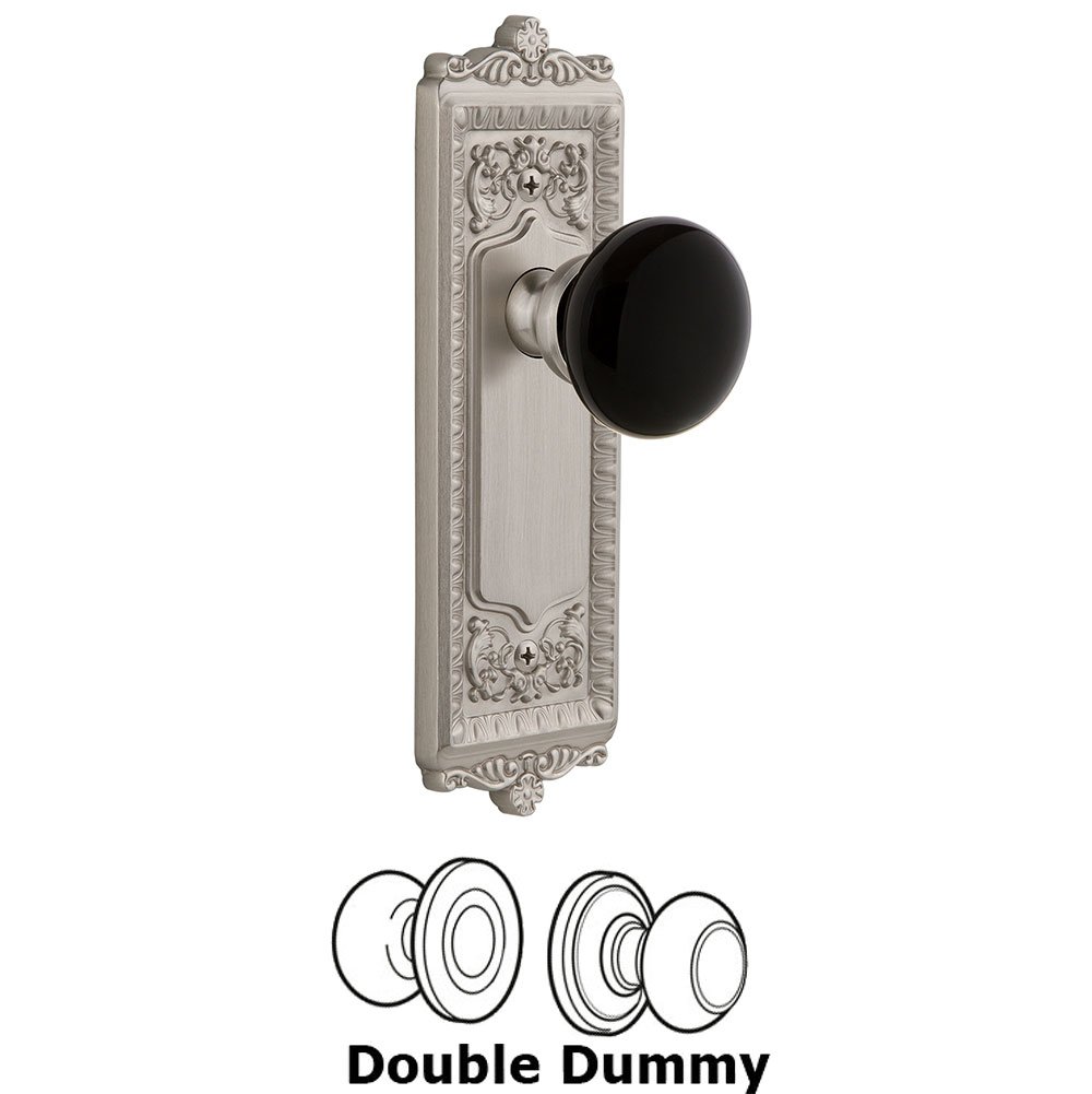 Grandeur Double Dummy - Windsor Rosette with Black Coventry Porcelain Knob in Satin Nickel