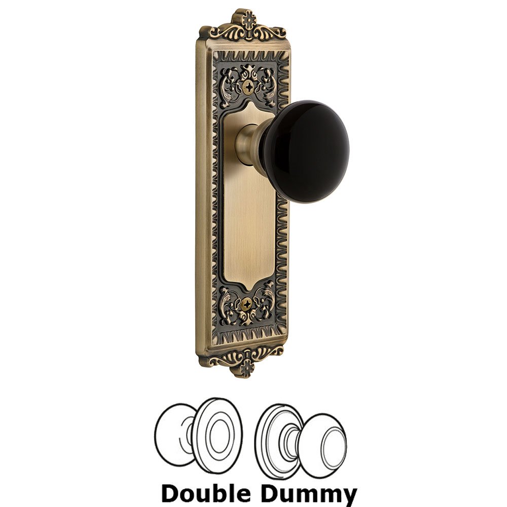 Grandeur Double Dummy - Windsor Rosette with Black Coventry Porcelain Knob in Vintage Brass