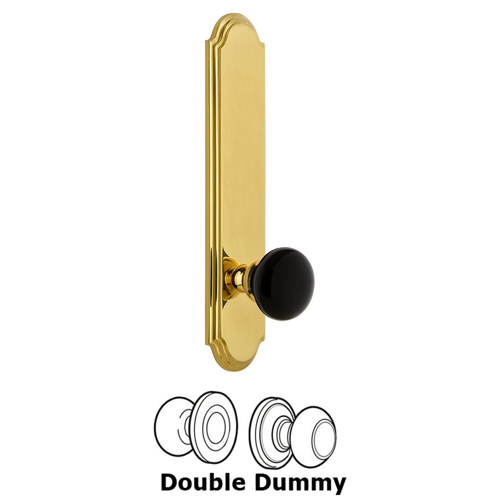 Grandeur Double Dummy - Arc Rosette with Black Coventry Porcelain Knob in Polished Brass
