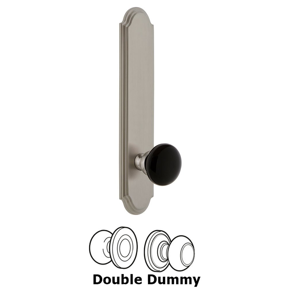 Grandeur Double Dummy - Arc Rosette with Black Coventry Porcelain Knob in Satin Nickel