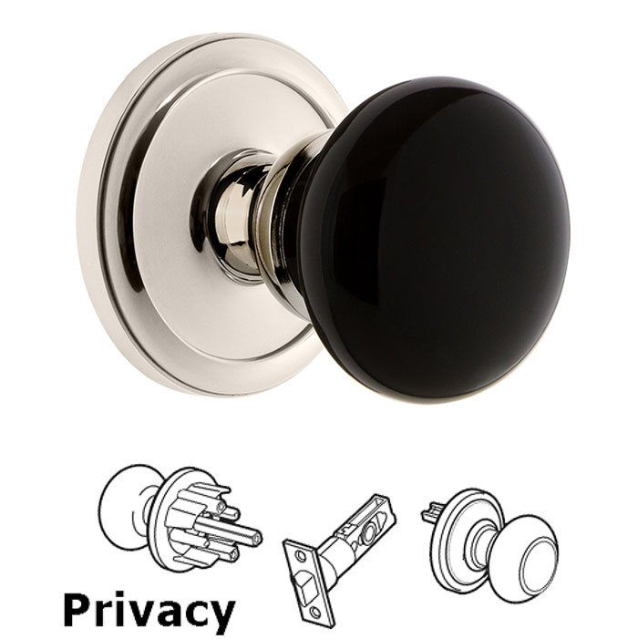 Grandeur Privacy - Circulaire Rosette with Black Coventry Porcelain Knob in Polished Nickel