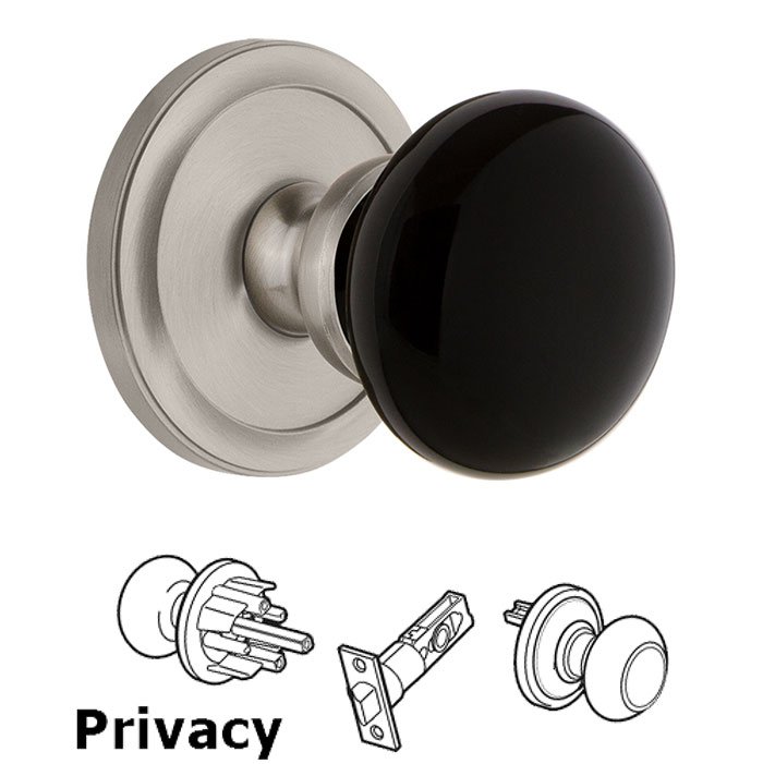 Grandeur Privacy - Circulaire Rosette with Black Coventry Porcelain Knob in Satin Nickel
