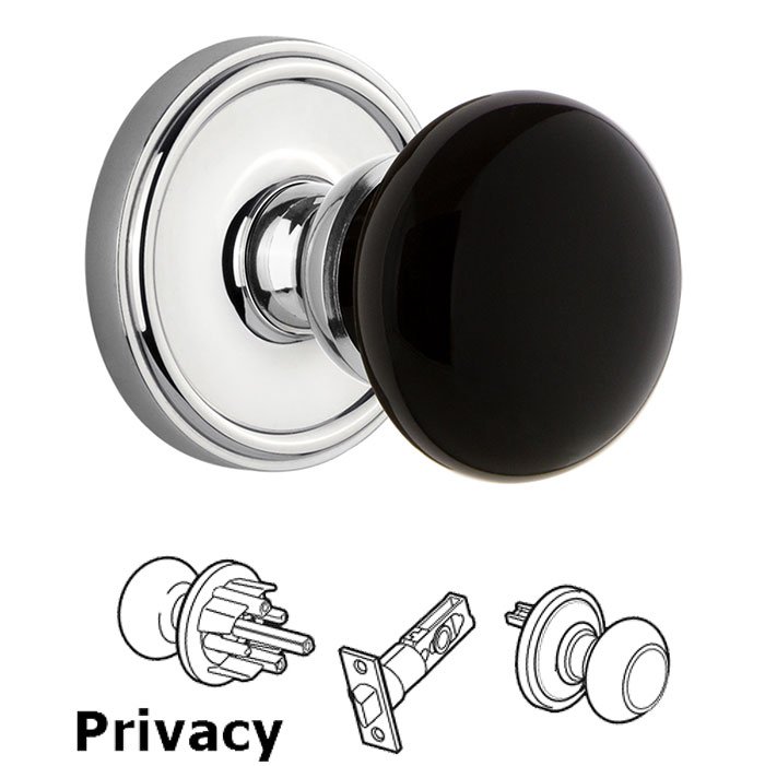 Grandeur Privacy - Georgetown Rosette with Black Coventry Porcelain Knob in Bright Chrome